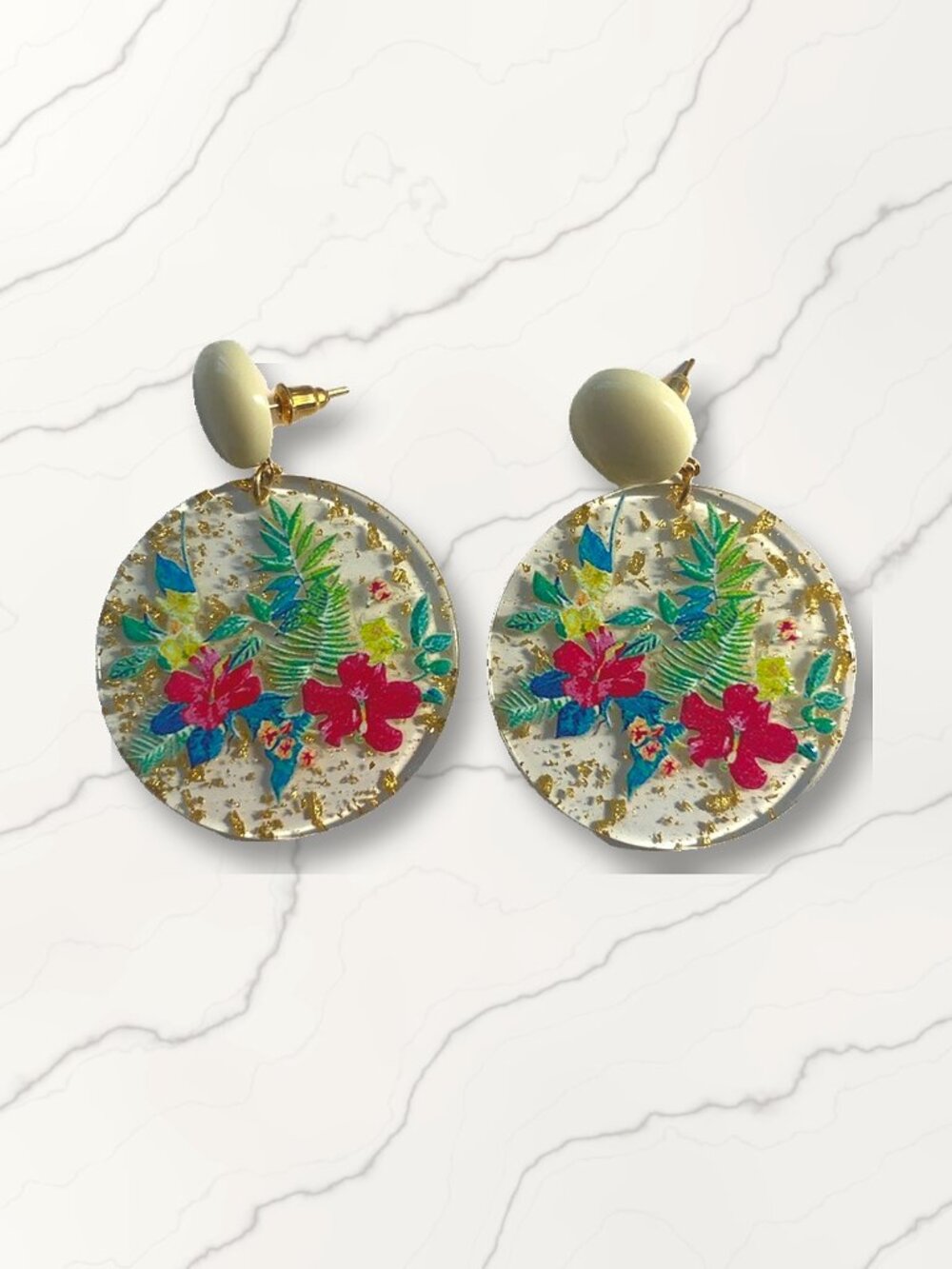 Clear Acrylic Circle Earrings with Tropical Hibiscus Flower Print NWT